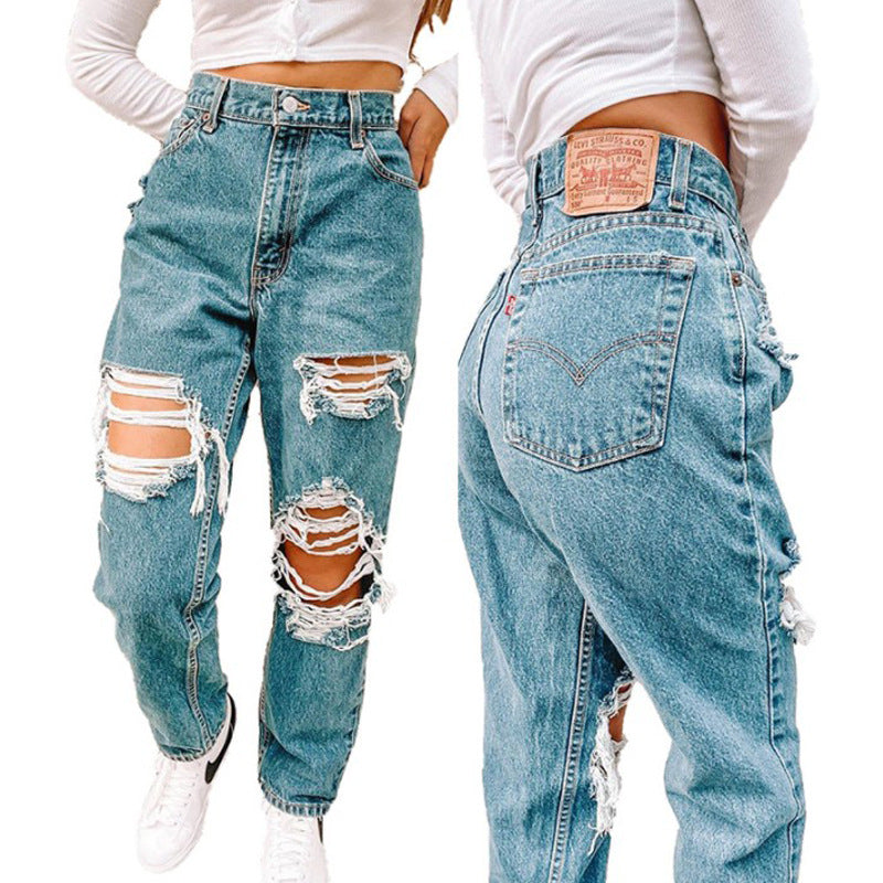 Damen Vintage High-Waist Destroyed Jeans mit fransigen Details Echo Archiv