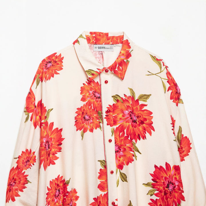 Damen Oversize-Hemdbluse mit großflächigem Blumenprint, Reverskragen und durchgehender Knopfleiste Echoarchiv