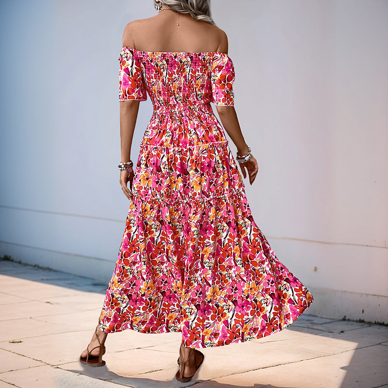 Damen Stufiges Maxikleid mit Carmen‑Ausschnitt, Smok‑Bustier und Seitenschlitz Echoarchiv