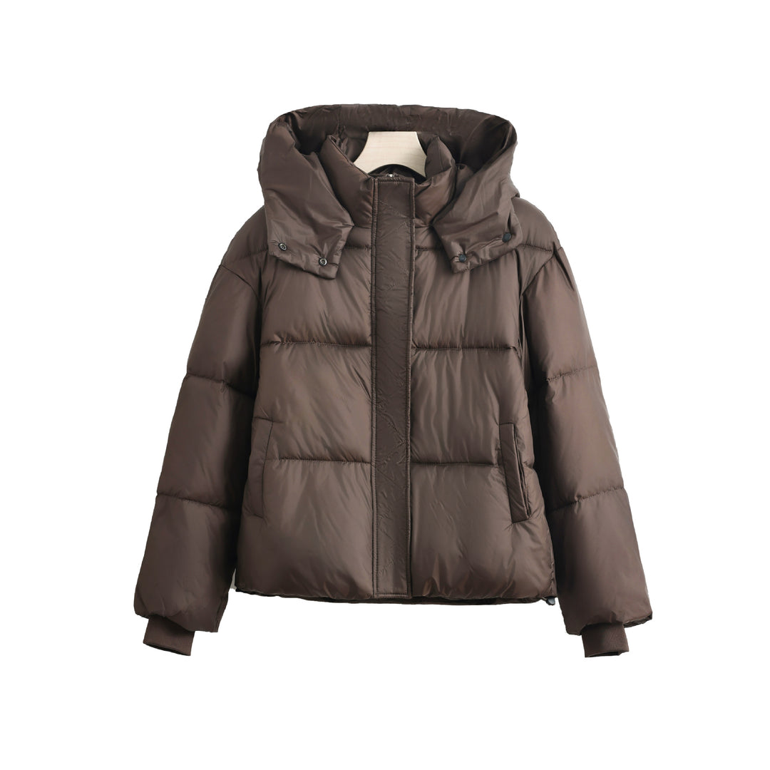 Damen kurzer Microfaser-Puffer mit herausnehmbarem Kragenpolster und Tunnelzugsaum – Célinea