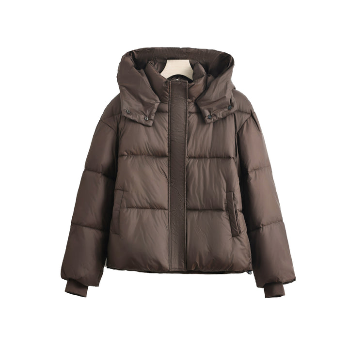 Damen kurzer Microfaser-Puffer mit herausnehmbarem Kragenpolster und Tunnelzugsaum – Célinea