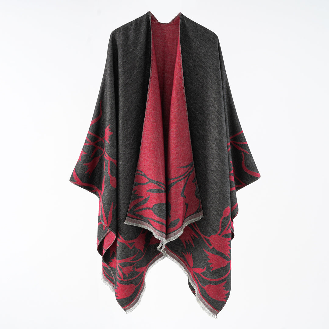 Damen Wendbarer Oversize-Capeponcho aus Wollmix mit floraler Jacquardwebung Echo Archiv