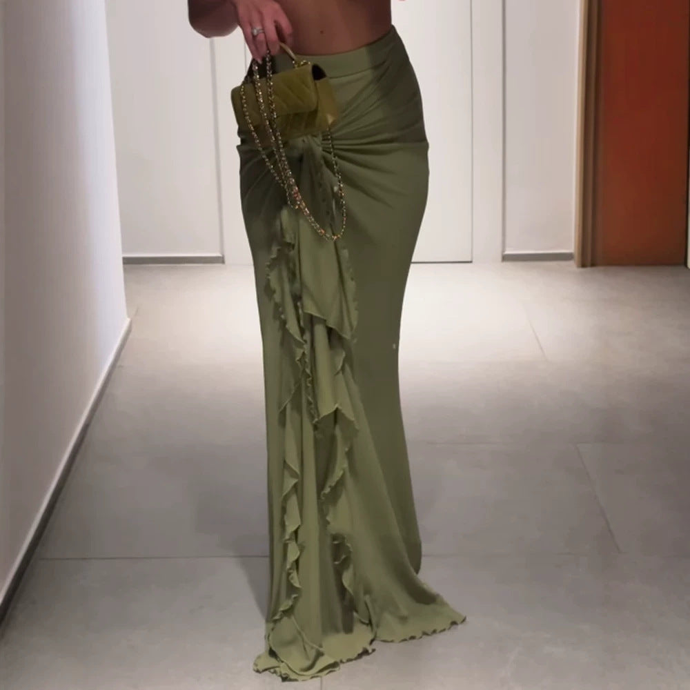 Damen Hochtaillierter Maxi-Rock mit asymmetrischer Raffung, Knotendetail und Volant-Schlitz Echoarchiv