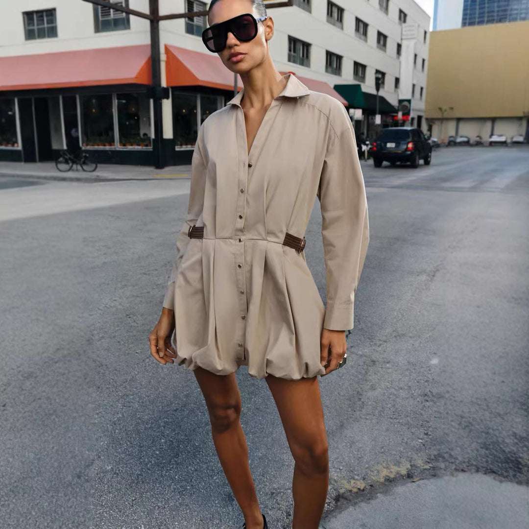 Damen Hemdblusenkleid mit Taillen-Tunnelzug, plissiertem Rock und Hemdkragen Echoarchiv