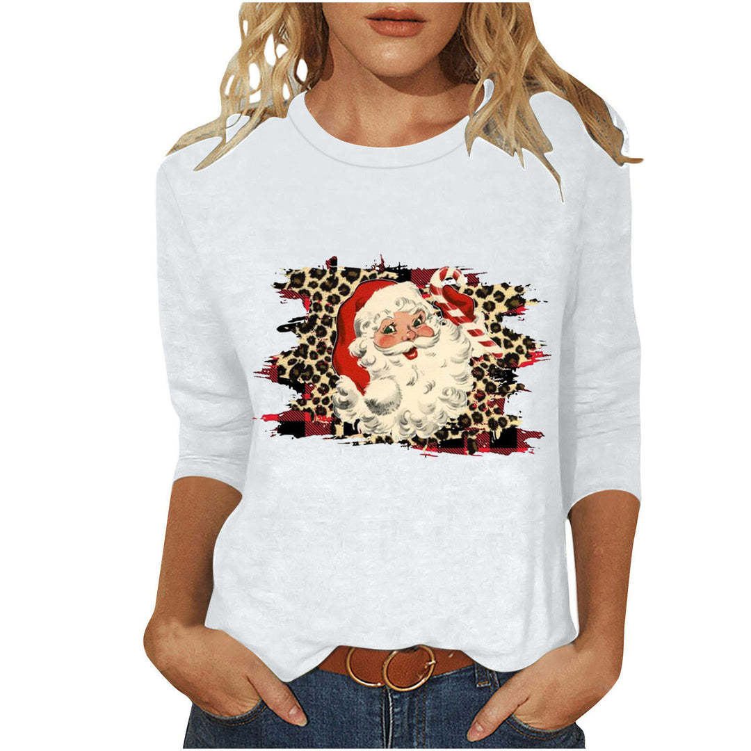 Damen lässiges Sweatshirt mit Retro-Weihnachtsmann-Print, Leoparden- und Karomuster und dreiviertelärmel – Avérine