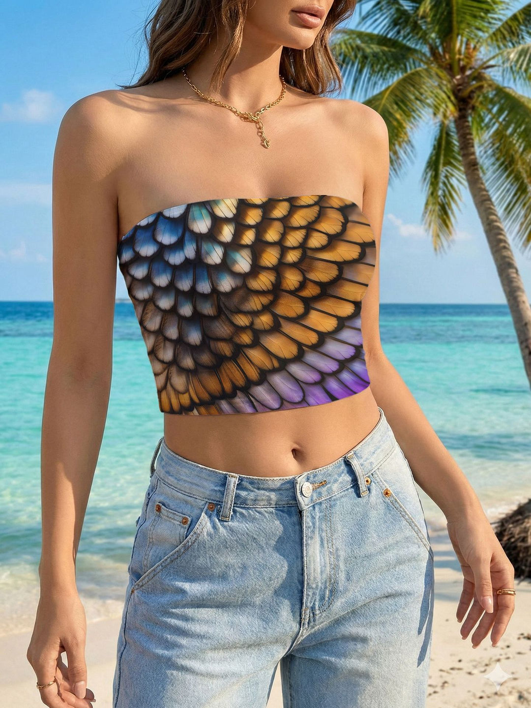 Damen Bandeau-Top mit floralem Vogelmotiv und elastischer Passform Echo Archiv
