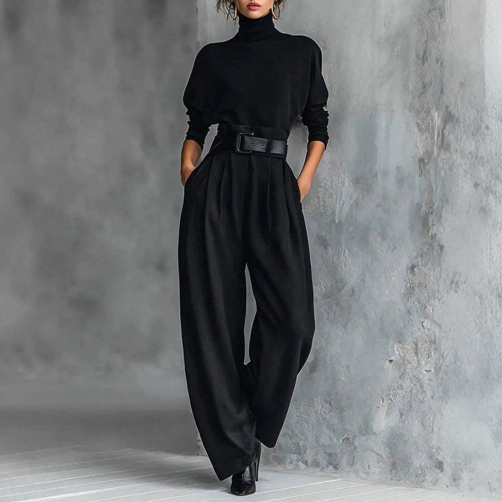 Damen nan elegante hochgeschnittene Plisseehose mit weitem Bein und Rollkragen-Feinstricktop Echo Archiv