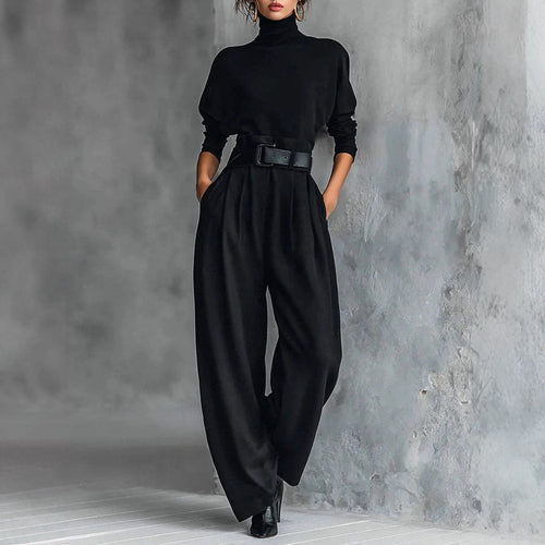 Damen nan elegante hochgeschnittene Plisseehose mit weitem Bein und Rollkragen-Feinstricktop Echo Archiv