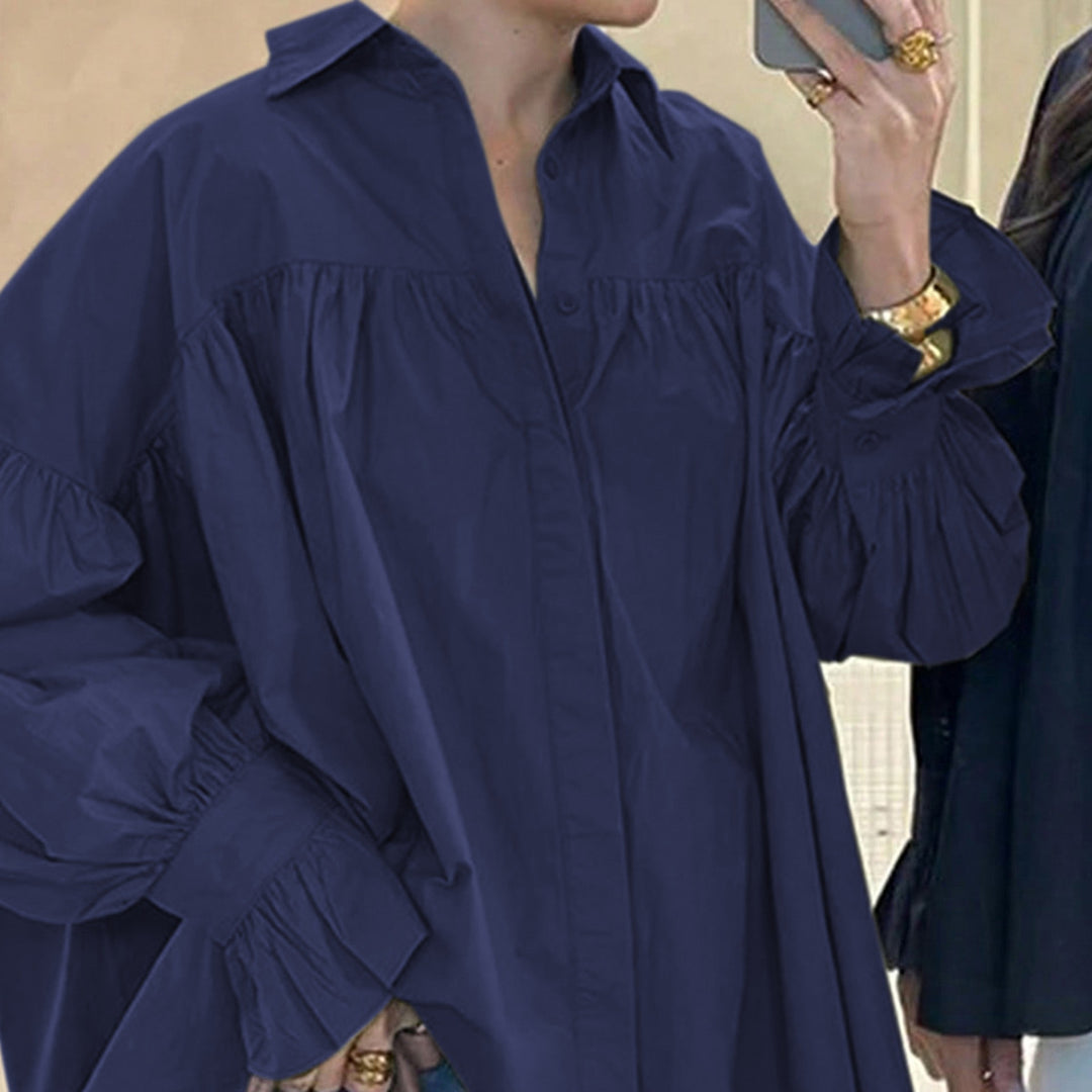 Damen weites Oversize-Hemd mit geraffter Schulterpasse und Ballonärmeln – Élovi