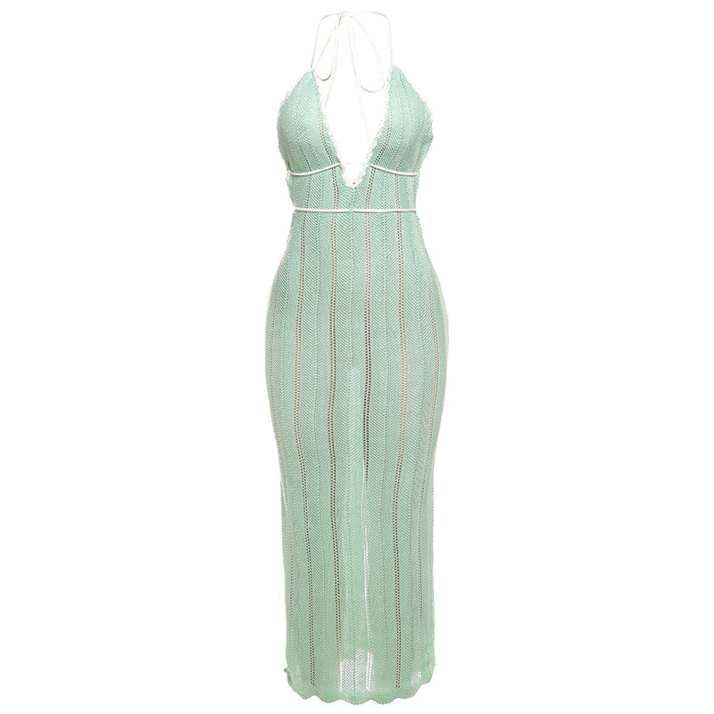 Damen Strick Maxikleid mit tiefem V-Ausschnitt und Bindebändern Echo Archiv