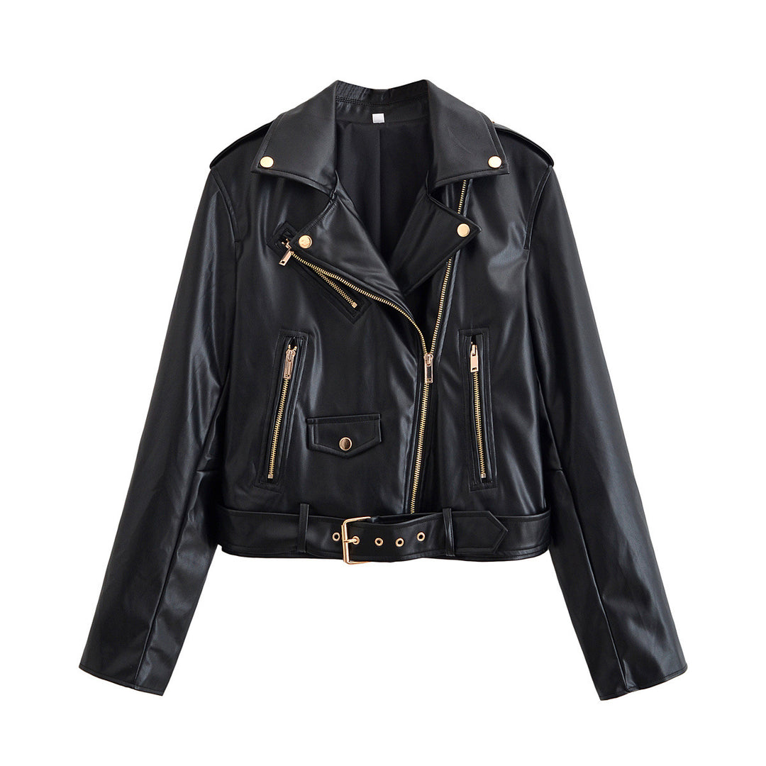 Damen Bikerjacke aus Lederimitat mit asymmetrischem Reißverschluss, Taillengürtel und goldfarbenen Details Echoarchiv