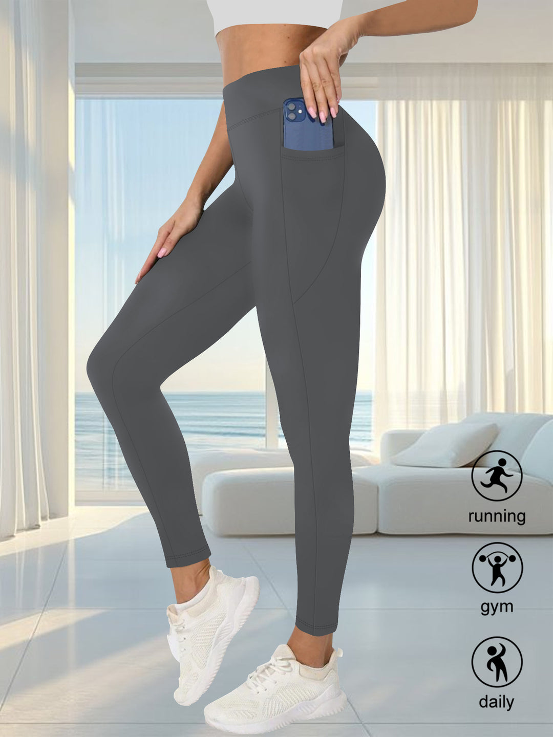 Damen High-Waist Sportleggings mit seitlicher Handytasche und formendem Kompressionsstoff echoarchiv-