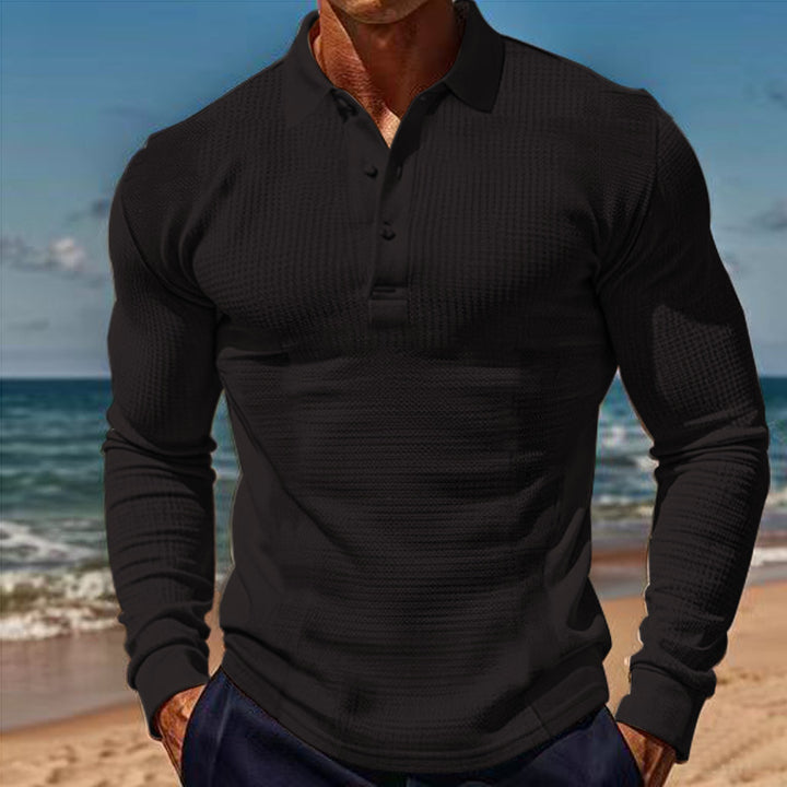 Herren Langarm-Henley-Shirt aus atmungsaktivem Strukturmaterial mit dekorativen Knöpfen Echoarchiv