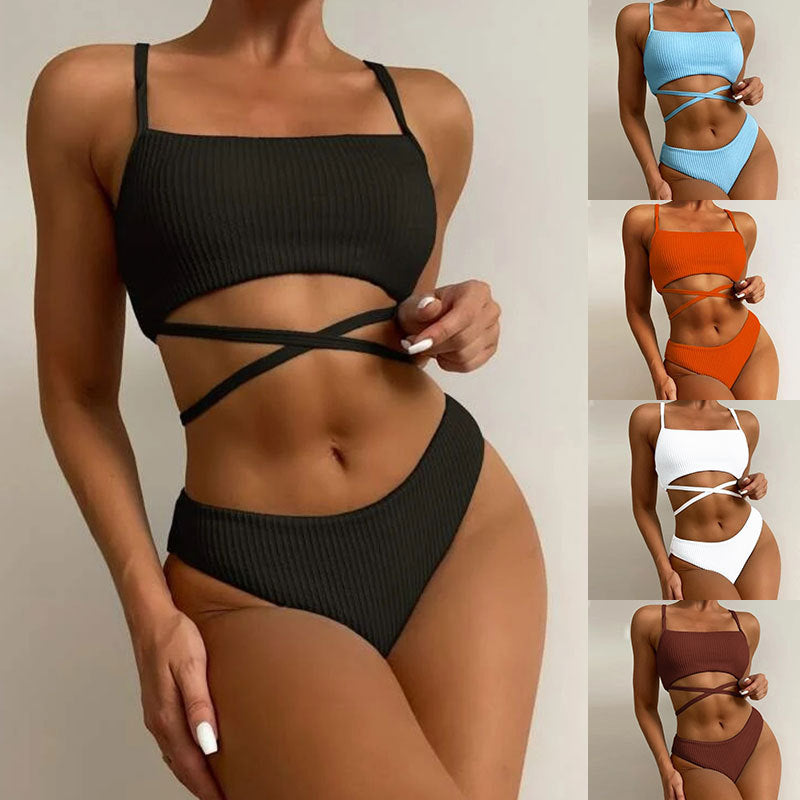 Damen Hochgeschnittener Ripp-Bikini mit Kreuzdetails Echo Archiv