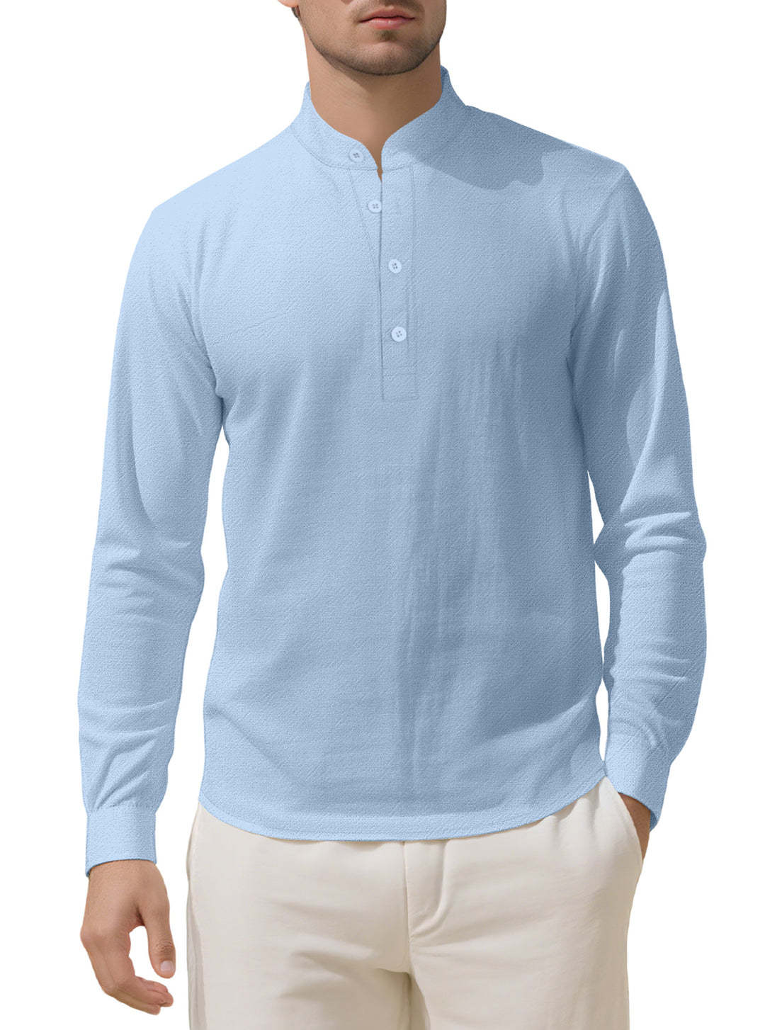 Herren nan Nehru-Kragen-Henley aus Baumwollstretch mit verdeckter Knopfleiste und schmaler Passform Echo Archiv
