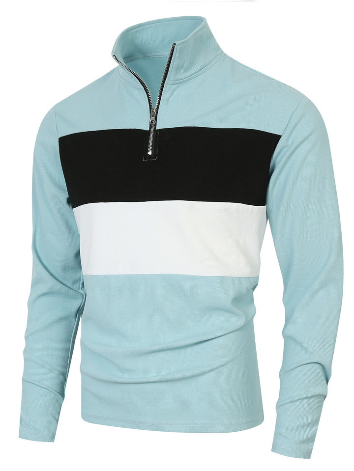 Herren Halbzip-Pullover mit Stehkragen, breitem Blockstreifen und fein gerippter Struktur – Norvane
