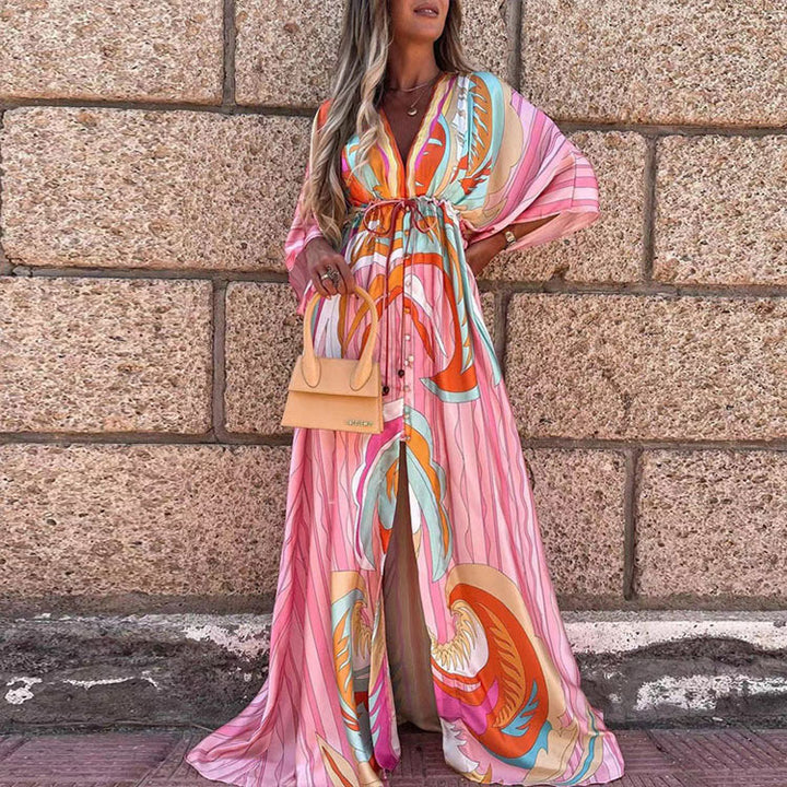 Damen Maxikleid mit tiefem V-Ausschnitt BindEchoarchivand in Empire-Taille Kimonoärmeln und Frontschlitz Echoarchiv