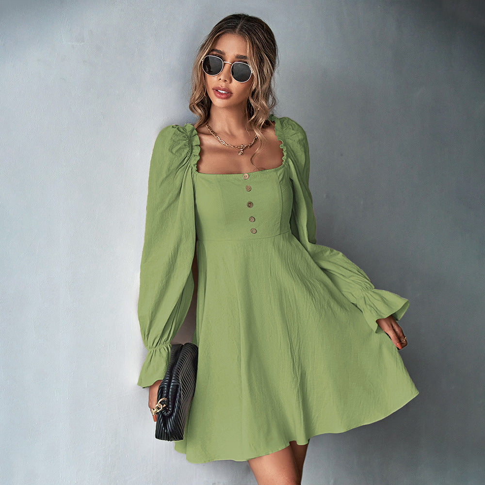 Damen romantisches A-Linien Kleid mit Puffärmeln quadratischem Ausschnitt und taillenbetonter Silhouette – Élara