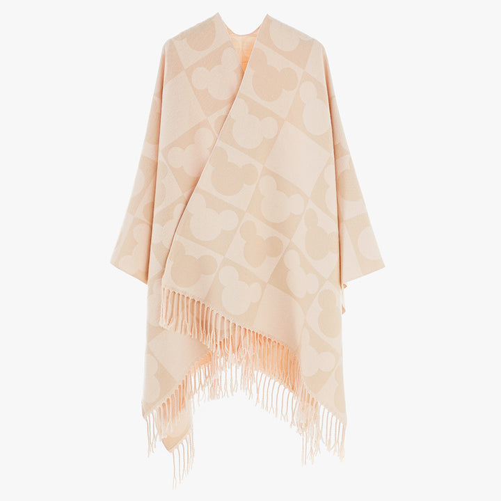 Damen Oversize-Jacquardponcho mit grafischem Kopf-Silhouettenmuster und Fransen – Avérine