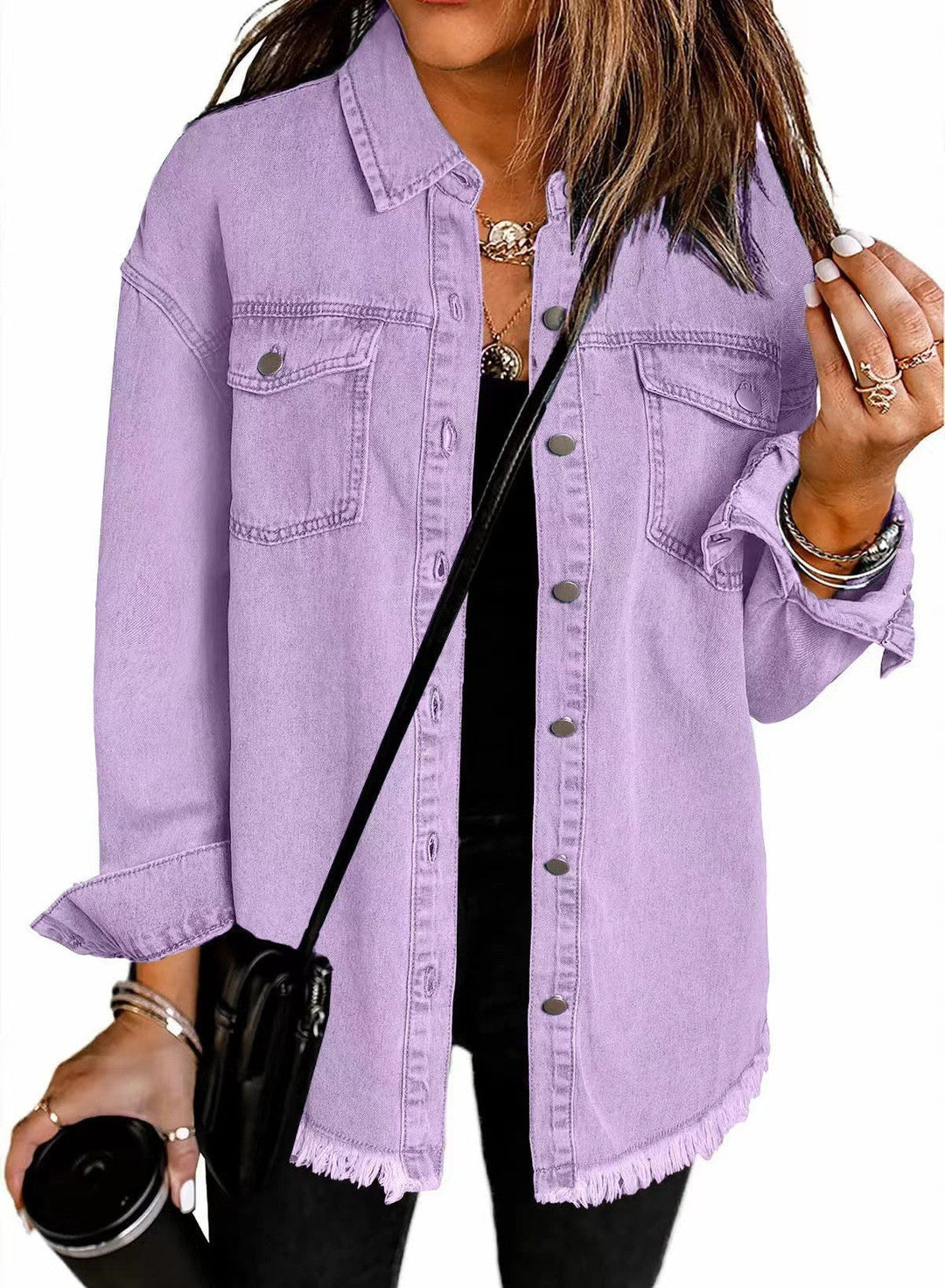 Damen Denim Overshirt mit fransigem Saum und Brusttaschen Echoarchiv