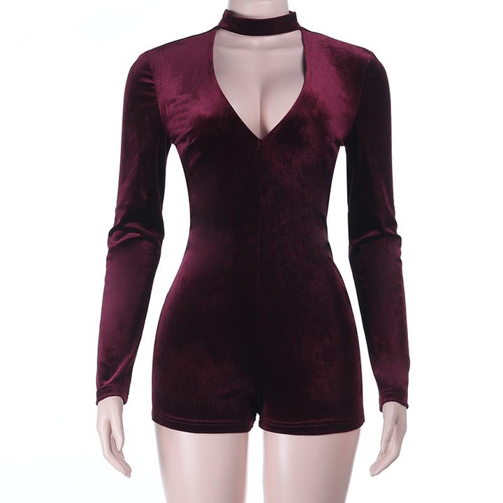 Damen eleganter Jumpsuit mit tiefem V-Ausschnitt und Langarm-Wickeldetail Echo Archiv
