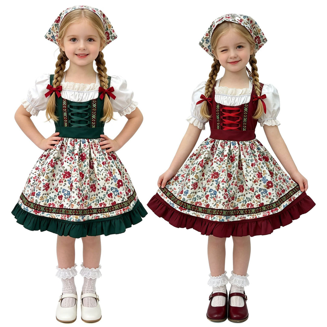 Damen nan traditionelles Kinderdirndl mit Schürze Haarband Spitzenbluse und Zierschnürung Echo Archiv