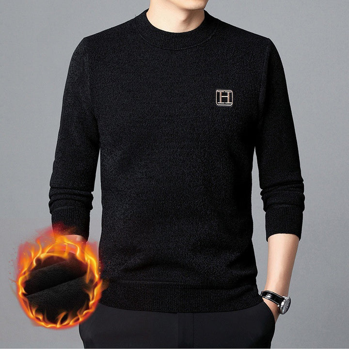 Herren Feiner Thermo-Rundhalspullover aus wärmendem Microfleece mit Slim‑Fit und Logopatch Echoarchiv