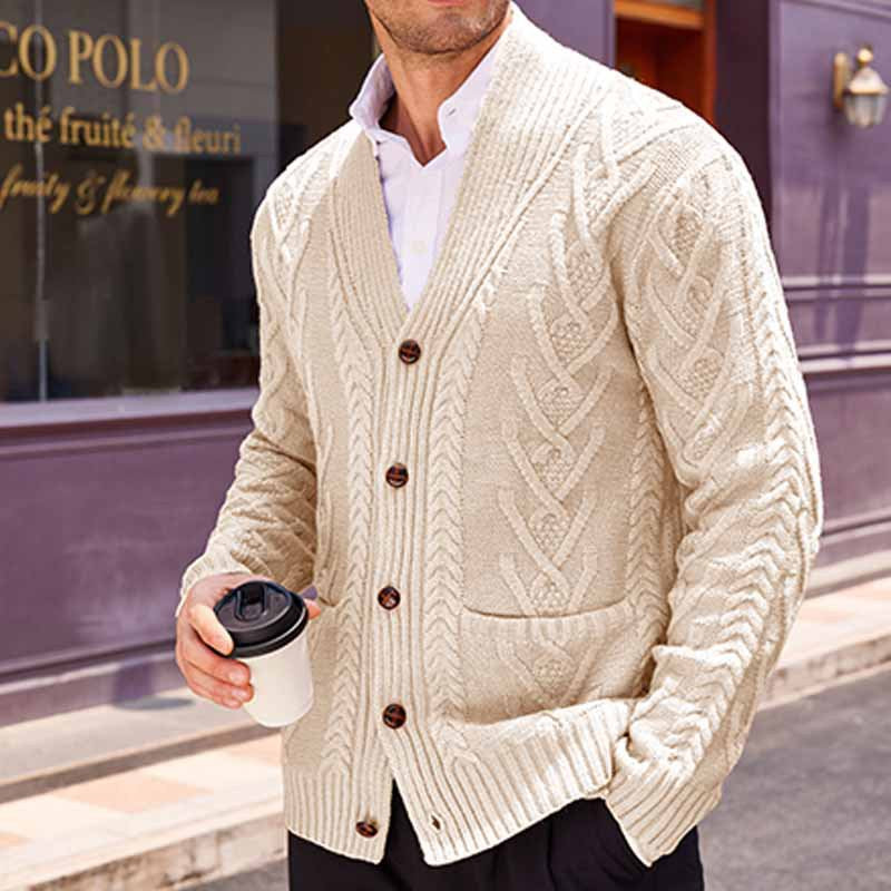 Herren Zopfstrick-Cardigan mit Schalkragen und aufgesetzten Taschen – Terenzo