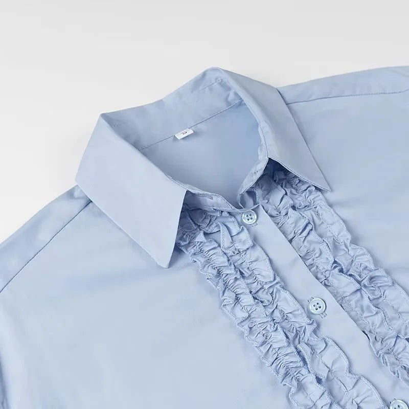 Damen Locker geschnittene Popeline-Bluse mit Rüschenblende und Hemdkragen Echo Archiv