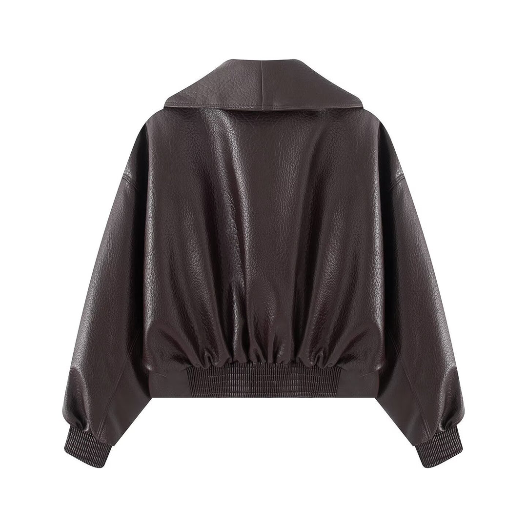 Damen Boxy Cropped Blousonjacke aus Kunstleder mit überlappendem Schalkragen und Taillenriemen Echo Archiv