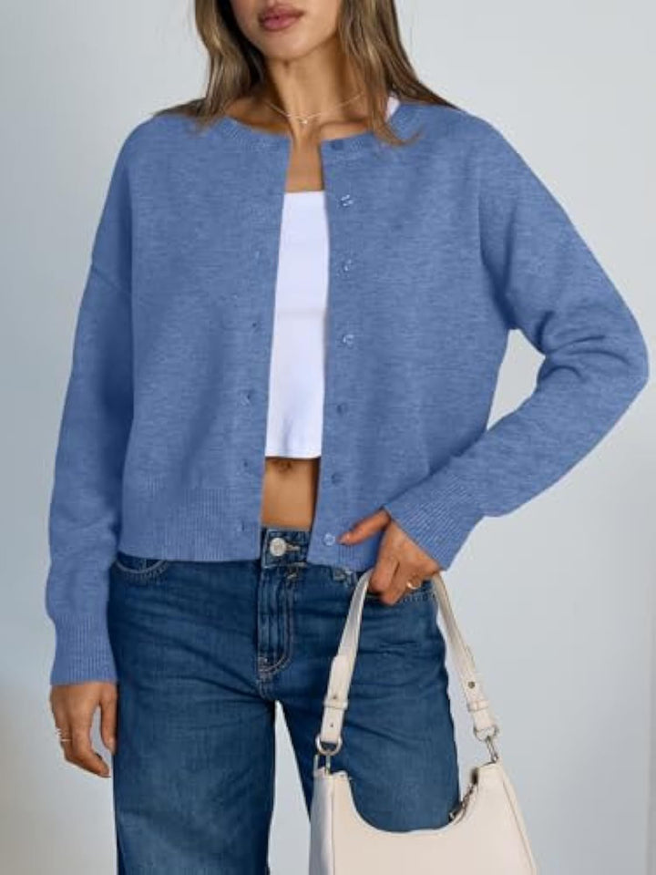 Damen Cropped Strickjacke im Boxy‑Schnitt mit Rundhals und Rippbündchen – Veloura
