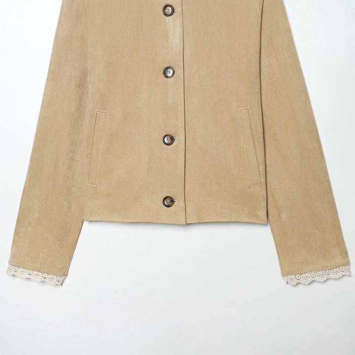 Damen Kurzjacke in Wildlederoptik mit gehäkeltem Kragen und Spitzenbesatz Echo Archiv