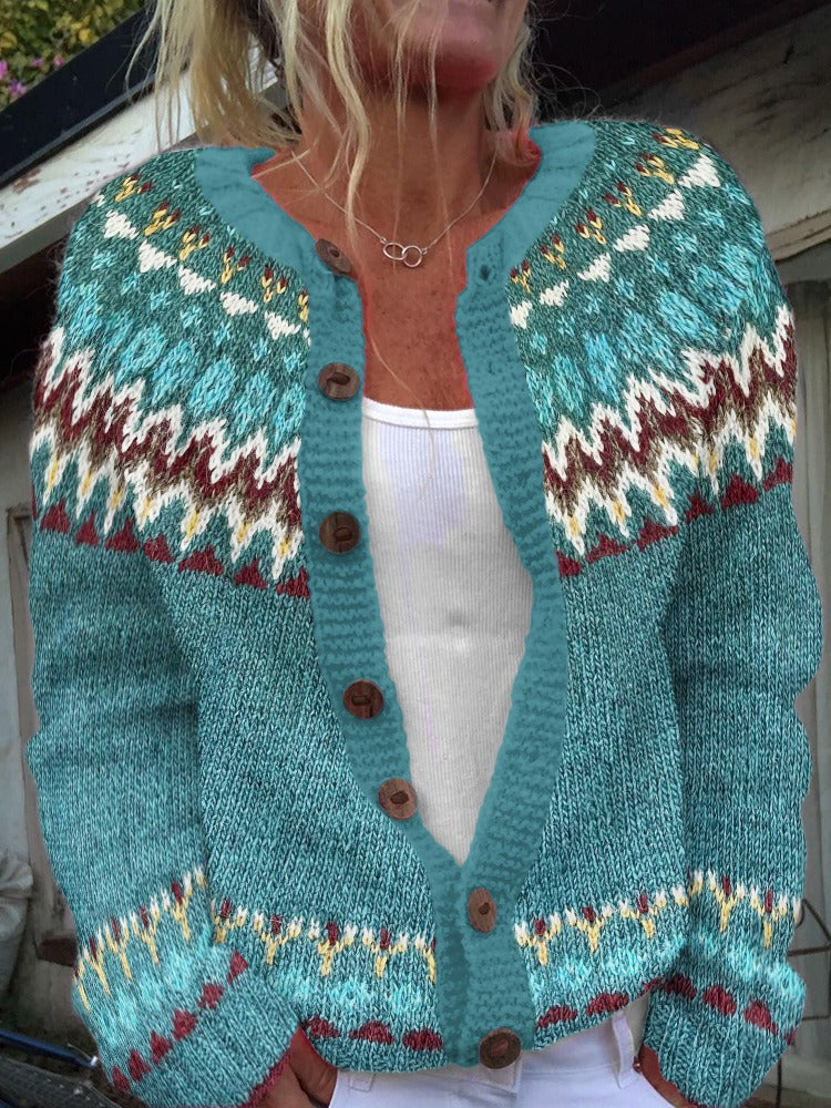 Damen nan gemusterte Strickjacke mit Rundpasse, Holzknöpfen und Eingrifftaschen Echo Archiv