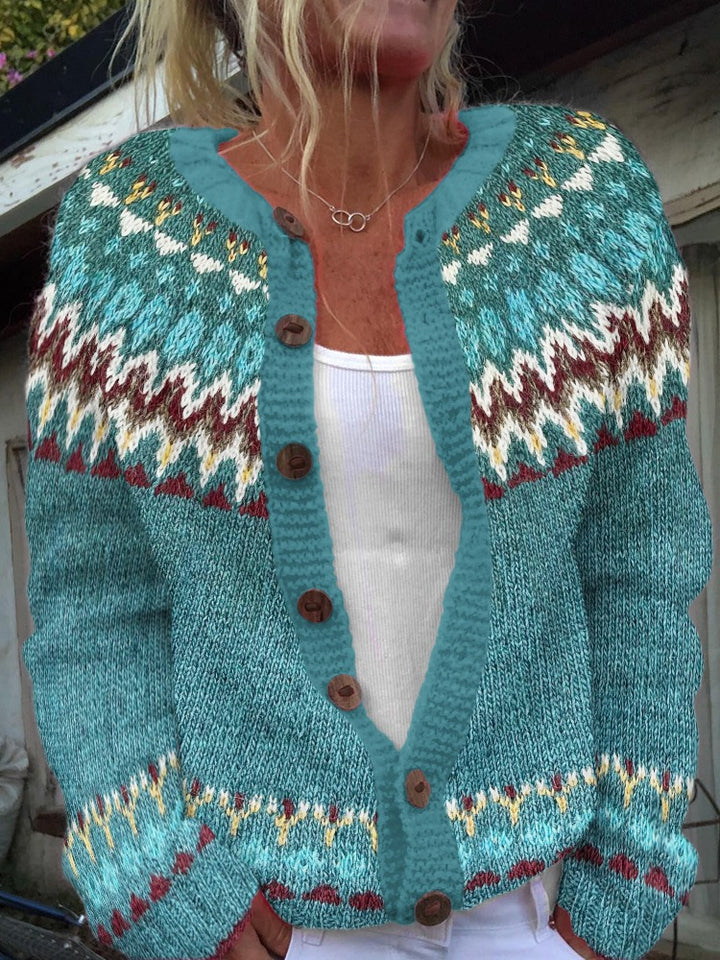 Damen nan gemusterte Strickjacke mit Rundpasse, Holzknöpfen und Eingrifftaschen Echo Archiv