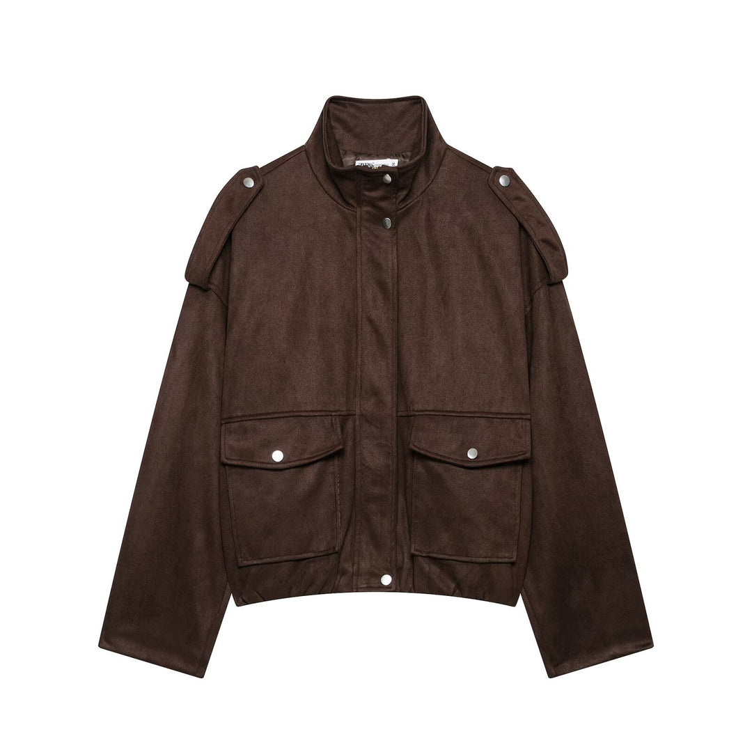 Damen Cropped Field-Jacke in Wildlederoptik mit Stehkragen, Schulterklappen und großen Pattentaschen Echo Archiv