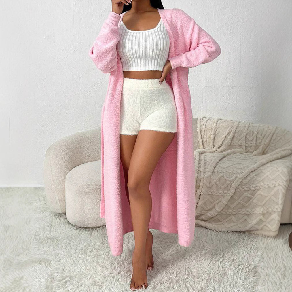 Damen Langer Wickel-Cardigan in Flausch-Optik mit Bindegürtel – Veloura