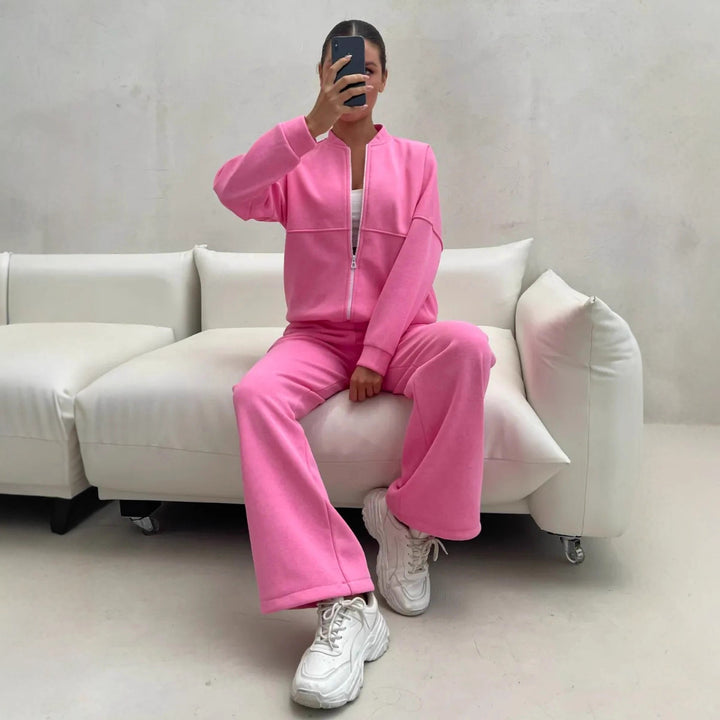 Damen Zweiteiliges Loungewear-Set mit kurzem Bomber-Zip und weiter hochgeschnittener Jogginghose – Auréline
