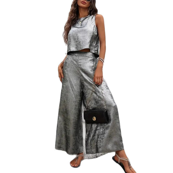 Damen Glänzendes Set aus ärmellosem Oberteil und weitem Hosen Echo Archiv