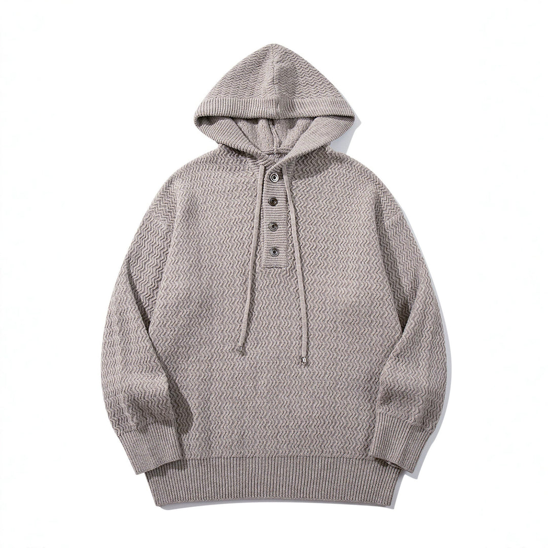 Unisex Strukturierter Kapuzen‑Strickpullover mit Henley‑Knopfleiste Echoarchiv