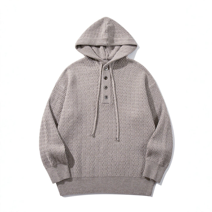 Unisex Strukturierter Kapuzen‑Strickpullover mit Henley‑Knopfleiste Echoarchiv