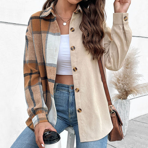 Damen Oversize‑Hemdjacke mit zweigeteilter Karo‑ und Uni‑Optik und Knopfleiste Echoarchiv