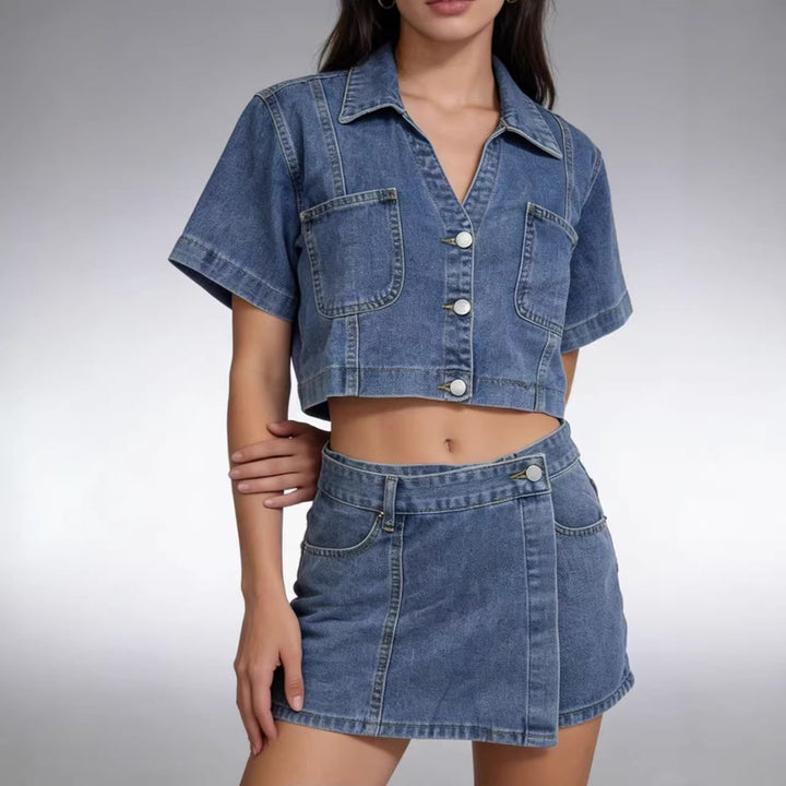 Damen kurz geschnittene Denim-Bluse mit zwei aufgesetzten Taschen Echo Archiv