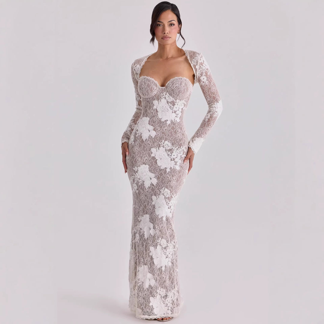 Damen Elegantes Spitzenabendkleid mit langem Arm und verführerischem Schnitt Echo Archiv