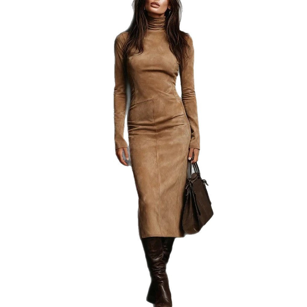 Damen Tailliertes Midi Kleid im Samt-Look mit Rollkragen und maßgeschneiderter Silhouette – Élara