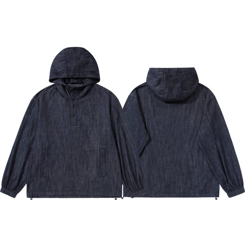 Unisex Denim-Blend Kapuzenpullover im Overshirt-Stil mit Henley-Knopfleiste Echo Archiv