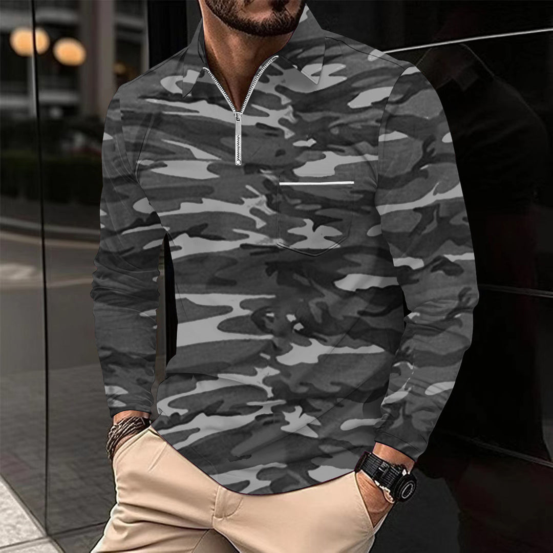 Herren Langarmshirt mit modischem Reißverschluss und Camouflage-Muster Echoarchiv