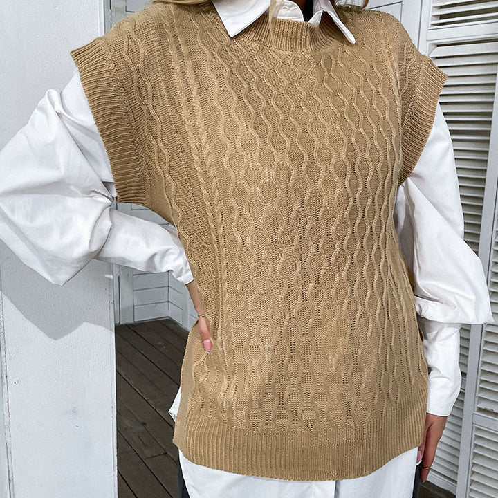 Damen Oversize Strickweste mit Zopfmuster und Rundhalsausschnitt Echoarchiv