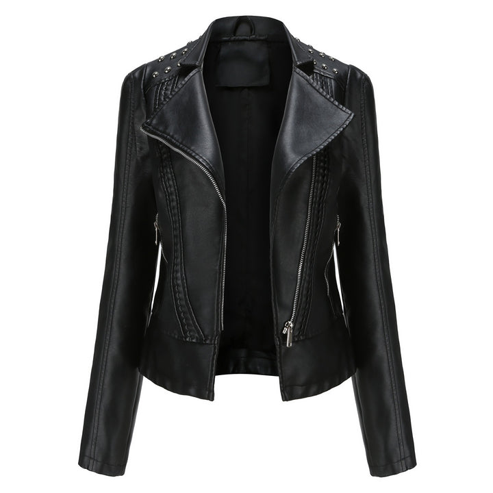 Damen nan taillierte Bikerjacke aus Kunstleder mit Nieten und asymmetrischem Reißverschluss Echo Archiv