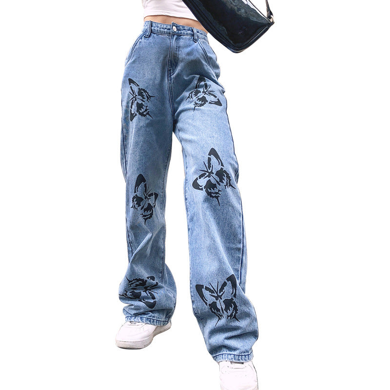 Damen nan weite High-Waist-Jeans mit Gothic-Schmetterlingsprint und entspanntem Straight-Leg Echo Archiv