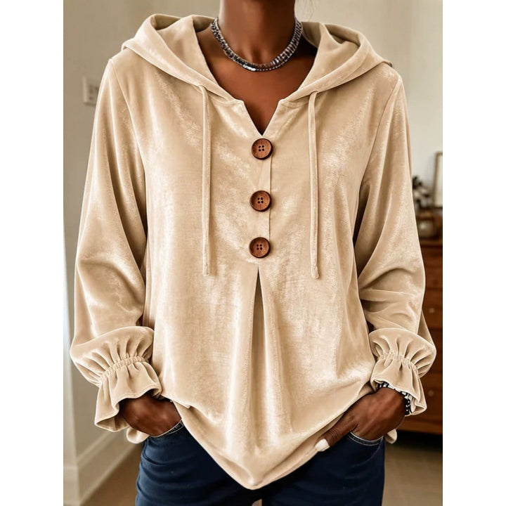 Damen Samt-Hoodie mit Holzknopfblende, Tunnelzug und gerafften Ärmeln – Auréline